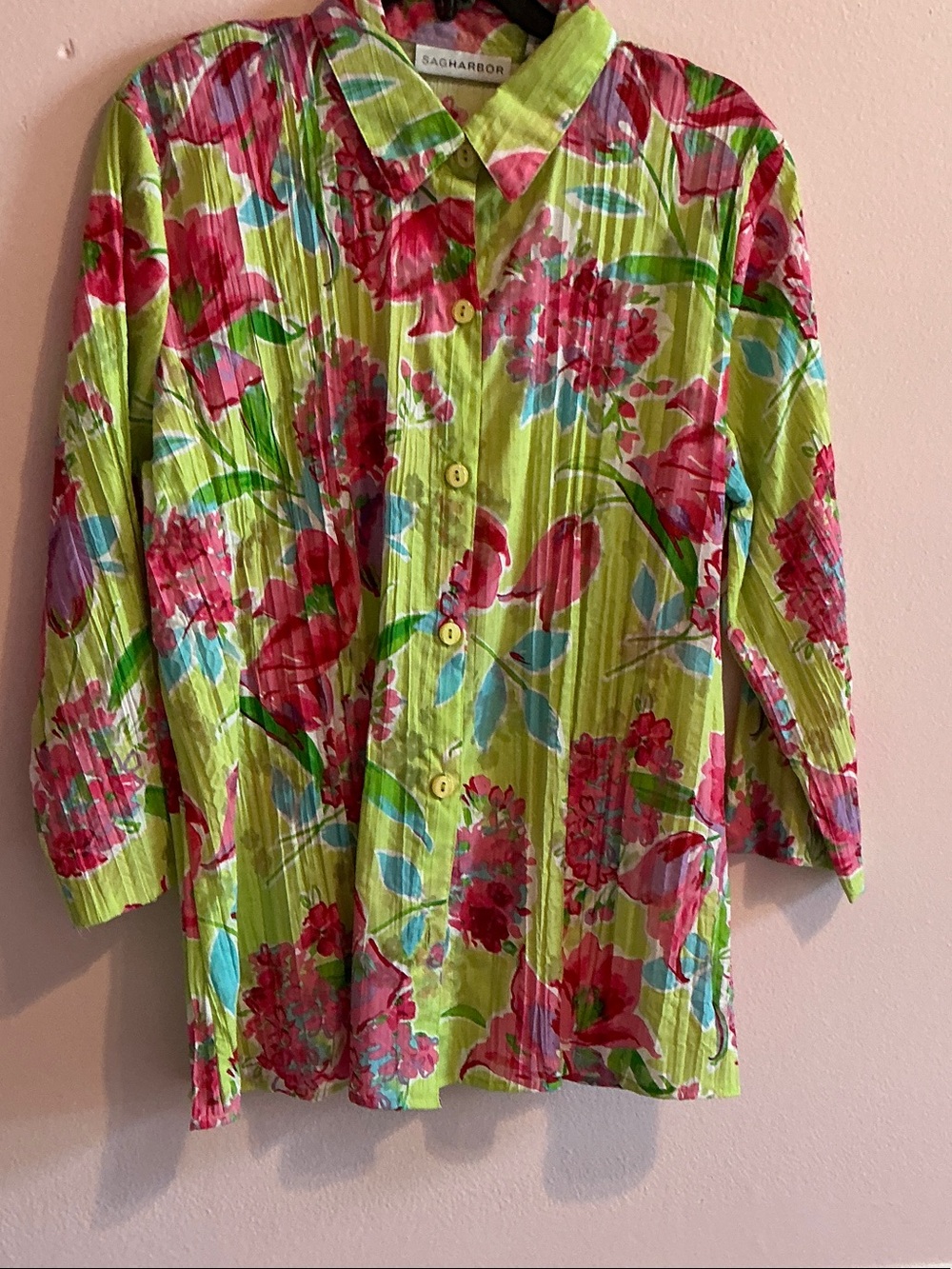 Sag Harbor Lime Green Floral Button-Front Shirt